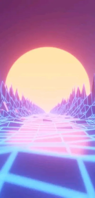 Futuristic neon sunset over geometric landscape.