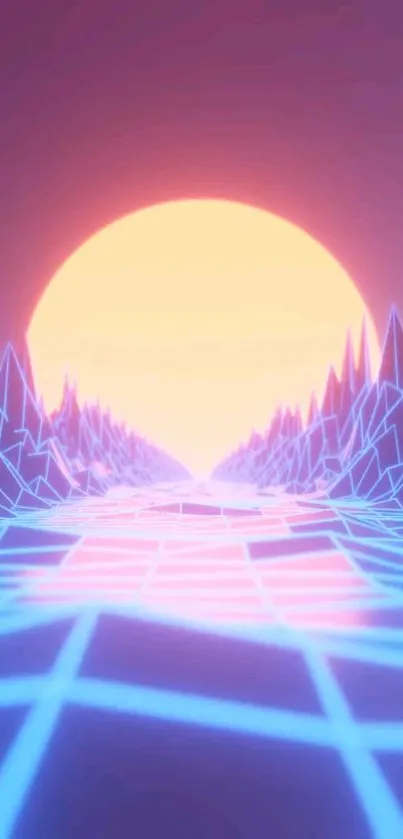 Futuristic neon sunset with geometric shapes in vibrant colors.