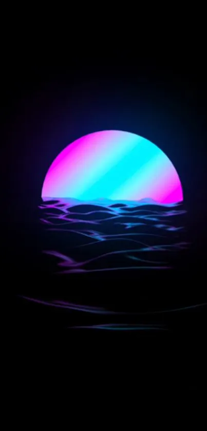 Neon pink and blue sunset over dark ocean wallpaper.