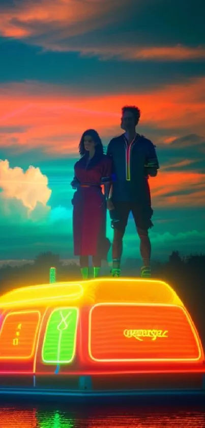 Couple stands on neon-lit boat at sunset with vibrant sky.