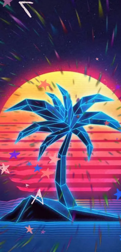 Neon palm tree against a vibrant sunset.