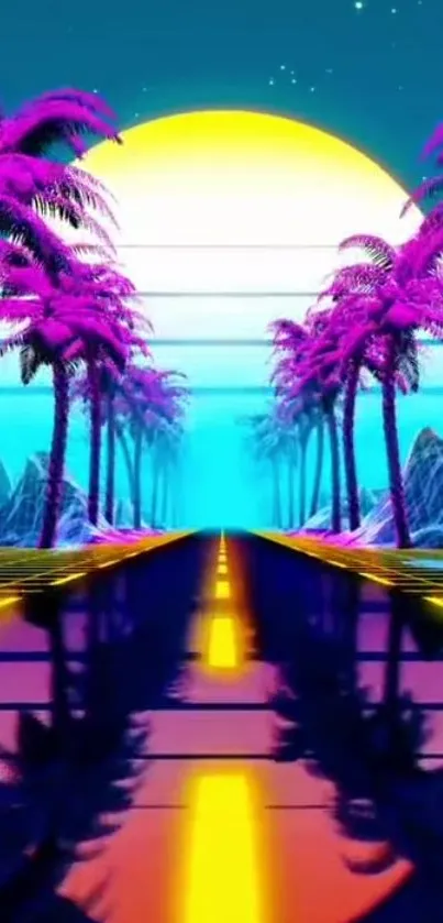 Vibrant neon sunset with palms and road, surreal art.