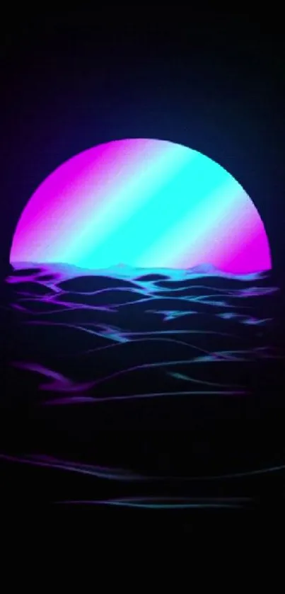 Vibrant neon sunset over sea with pink and blue hues.