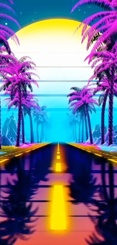 Neon sunset with palm trees and colorful road reflecting vibrant hues.