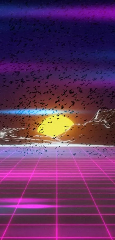 Vibrant neon sunset with grid and birds in a retro style wallpaper.