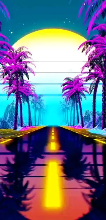 Neon sunset with palm trees along a reflective road.