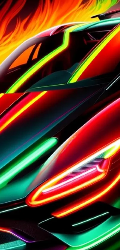 Neon-lit sports car with fiery backdrop wallpaper.