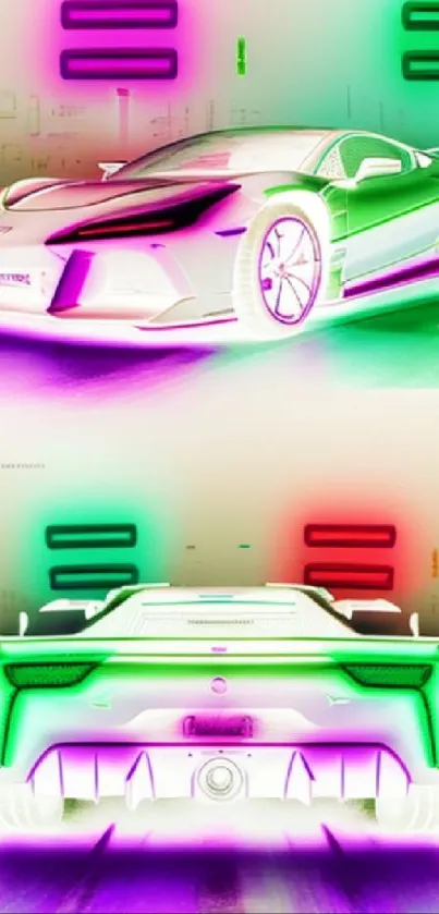 Futuristic neon supercar with vibrant colors and sleek design.