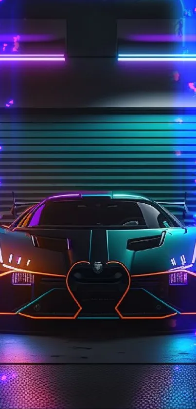 Neon-lit supercar in a modern garage setting, perfect for mobile wallpaper.