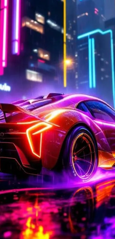 Neon supercar speeding in a rainy city with vibrant lights.