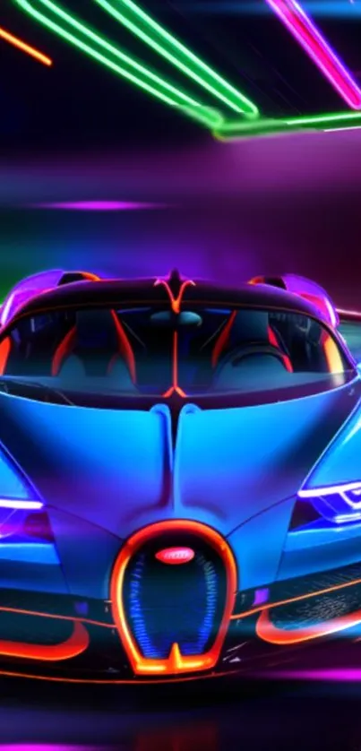 Futuristic neon supercar with glowing lights on a vibrant background.