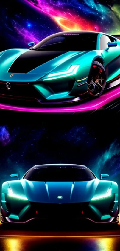 Sleek neon supercar with cosmic background on mobile wallpaper.