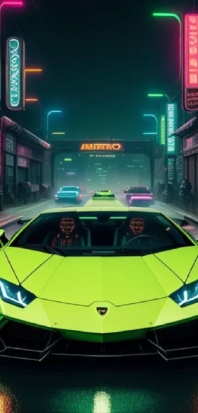 Vibrant neon scene with green supercar in cityscape.