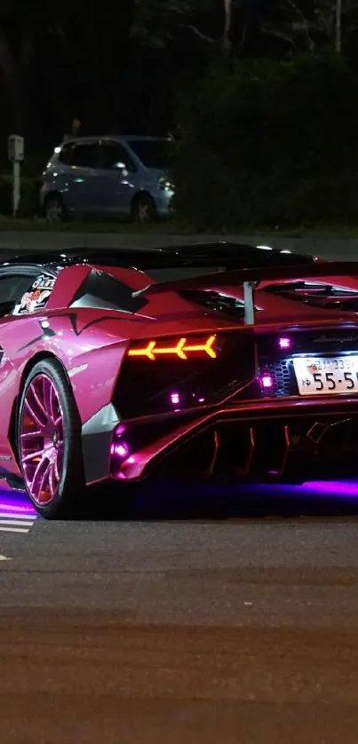 Neon-lit supercar on urban street at night.