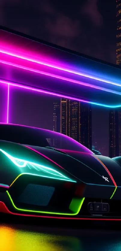 Neon cityscape with futuristic supercar art.