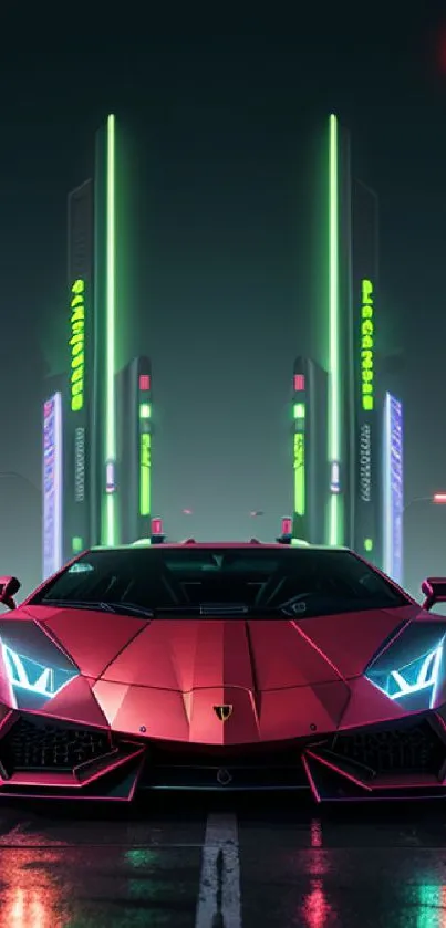 A neon-lit cityscape featuring a sleek red supercar at night.