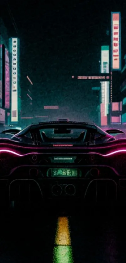 Futuristic supercar under neon lights in a cyberpunk cityscape at night.