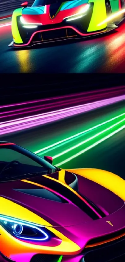 Vibrant neon supercar in high-speed race at night.