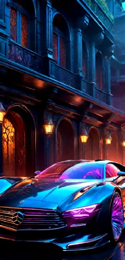 Neon supercar with city backdrop in vibrant colors.