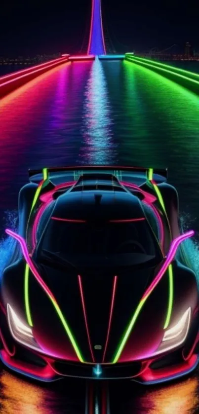 Neon supercar on rainbow-lit bridge, vibrant wallpaper.