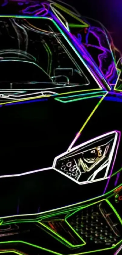 Neon outlines of a supercar in vibrant colors.