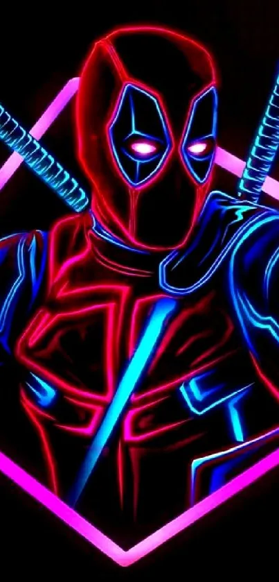 Neon-themed superhero art with glowing red and blue elements.