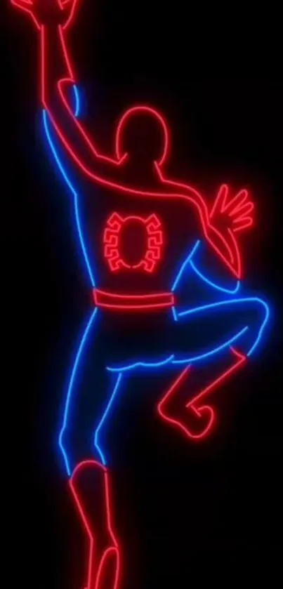 Neon superhero outlined in red and blue against black.