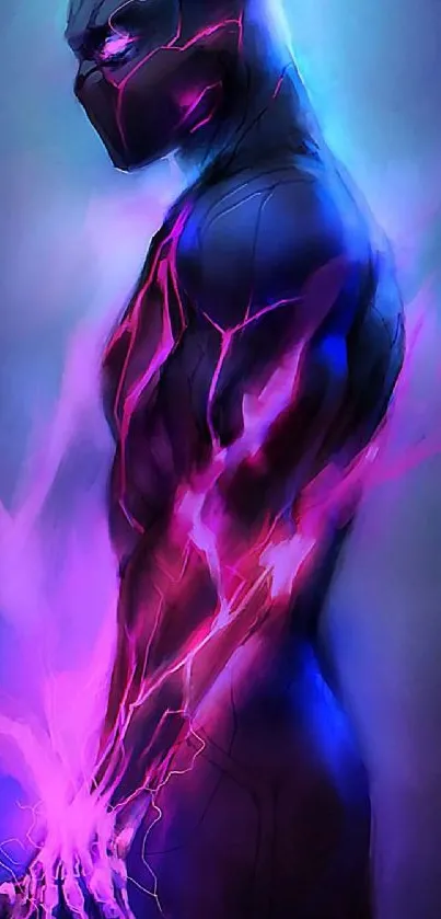 Neon superhero with glowing purple energy in captivating mobile wallpaper.