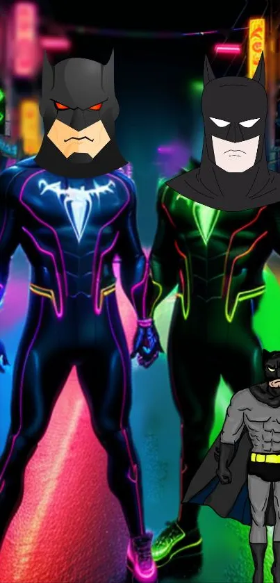 Neon superheroes in futuristic street art style with vibrant colors.