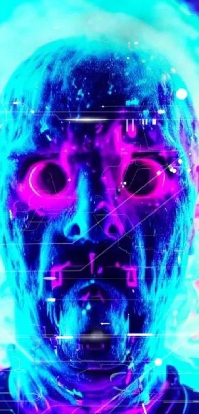 Neon surreal face art with blue and pink hues.