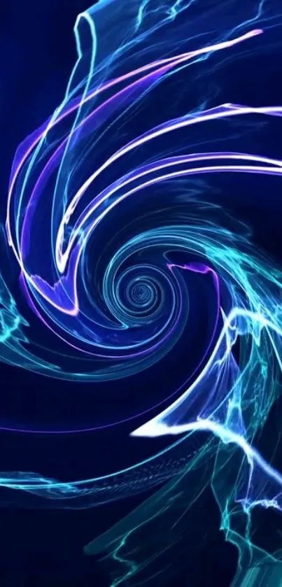 Abstract neon swirl wallpaper with blue and purple lights.