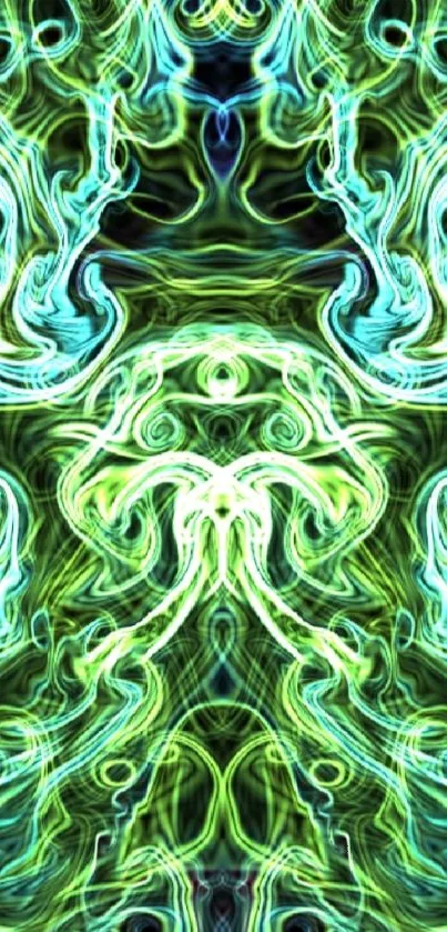 Neon swirl abstract wallpaper in green and blue hues.