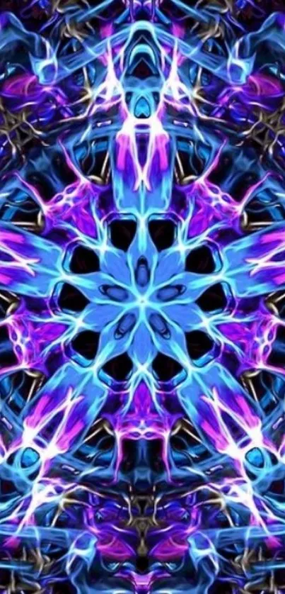 Vibrant neon symmetrical design in blue and purple hues on mobile wallpaper.