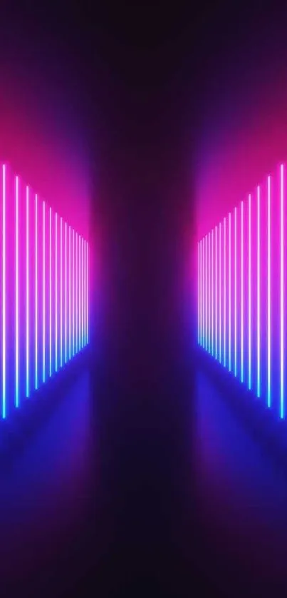 Neon pink and blue symmetrical light corridor mobile wallpaper.