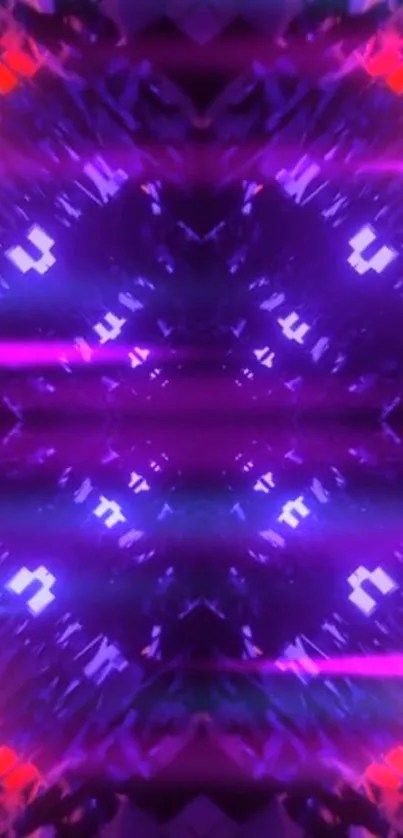 Abstract neon symmetrical mobile wallpaper with vibrant purple and pink hues.