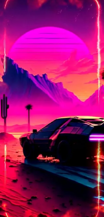 Neon synthwave desert scene with car and vibrant colors.