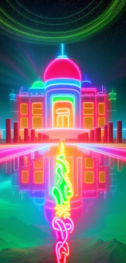 Neon Taj Mahal with vibrant colors reflecting on water.