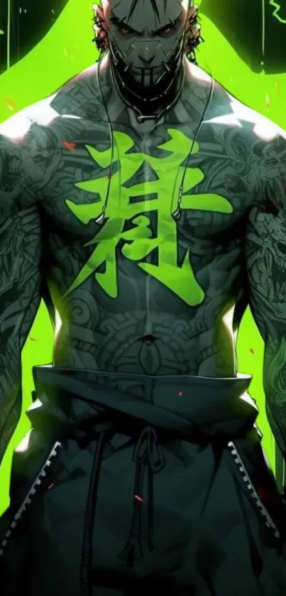 Neon tattooed warrior with vivid green design.