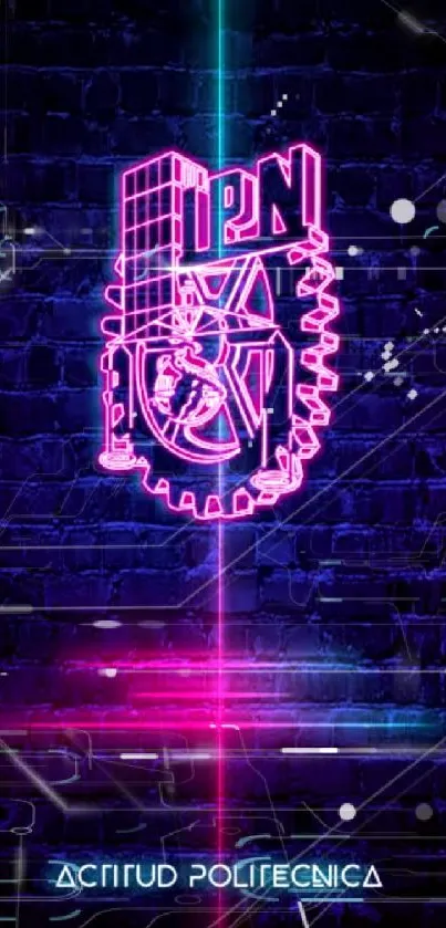 Neon pink and blue tech design on a dark brick wall wallpaper.