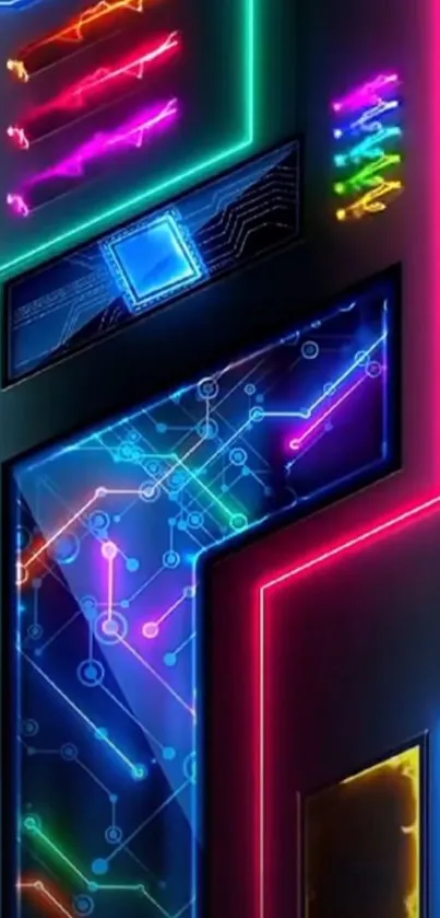 Neon tech circuit design with glowing lines.