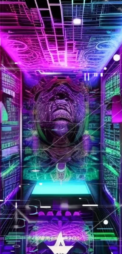 Futuristic neon digital art with vibrant purple and green tones.