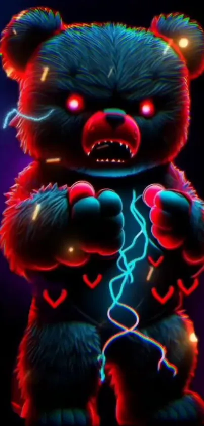 Fierce neon teddy bear with electric effects on dark background.