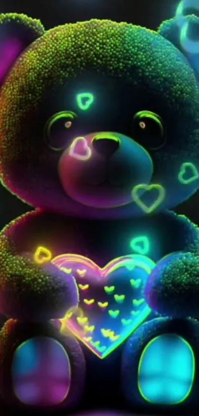 Neon teddy bear with glowing heart.