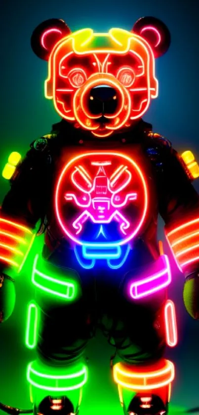 A neon teddy bear glowing in vibrant colors in a dark setting.