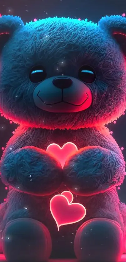 Neon teddy bear holding glowing hearts, with a vibrant pink and blue color scheme.