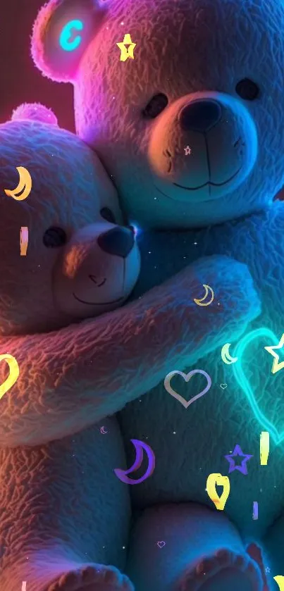 Two teddy bears hugging with neon colors and dreamy lighting.