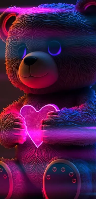 Neon teddy bear holding a glowing heart in vibrant colors.