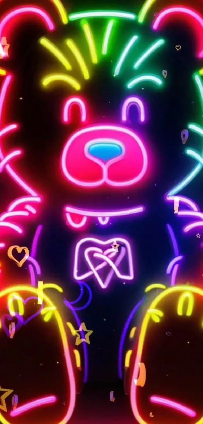 Neon teddy bear with vibrant colors glowing.