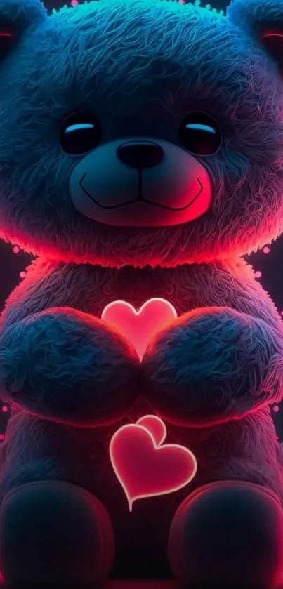 Neon teddy bear holding glowing hearts.