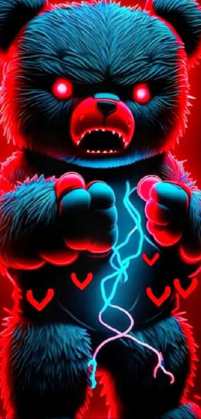 Neon glowing teddy bear with red and blue effects on a dark background.